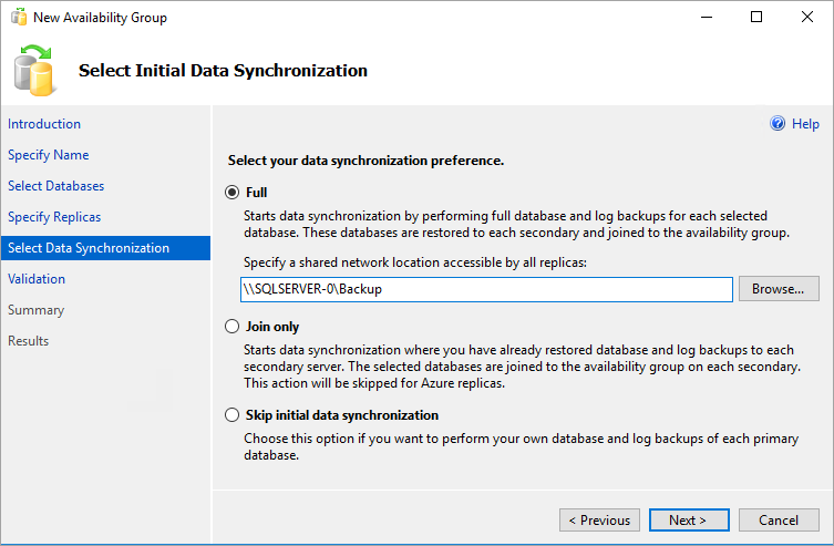 Captura de pantalla de las opciones de sincronización de datos en el Asistente para nuevo grupo de disponibilidad en SSMS.