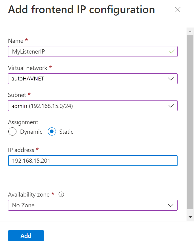 Captura de pantalla de Azure Portal en la que se muestra el cuadro de diálogo de la configuración de la dirección IP de front-end.