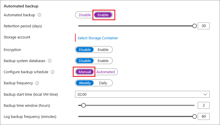 Captura de pantalla de las copias de seguridad automatizadas de máquina virtual SQL en Azure Portal.