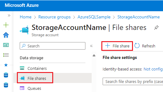 Captura de pantalla de la opción Creación de recursos compartidos de archivos en Azure Portal.