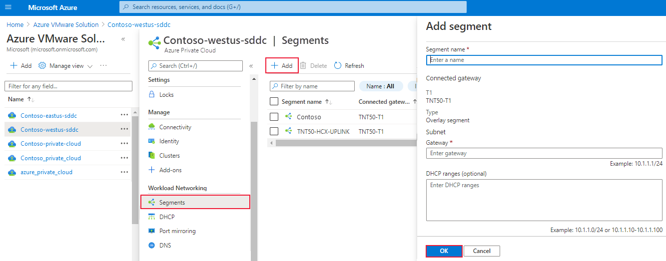 Captura de pantalla que muestra cómo agregar un nuevo segmento NSX en Azure Portal.