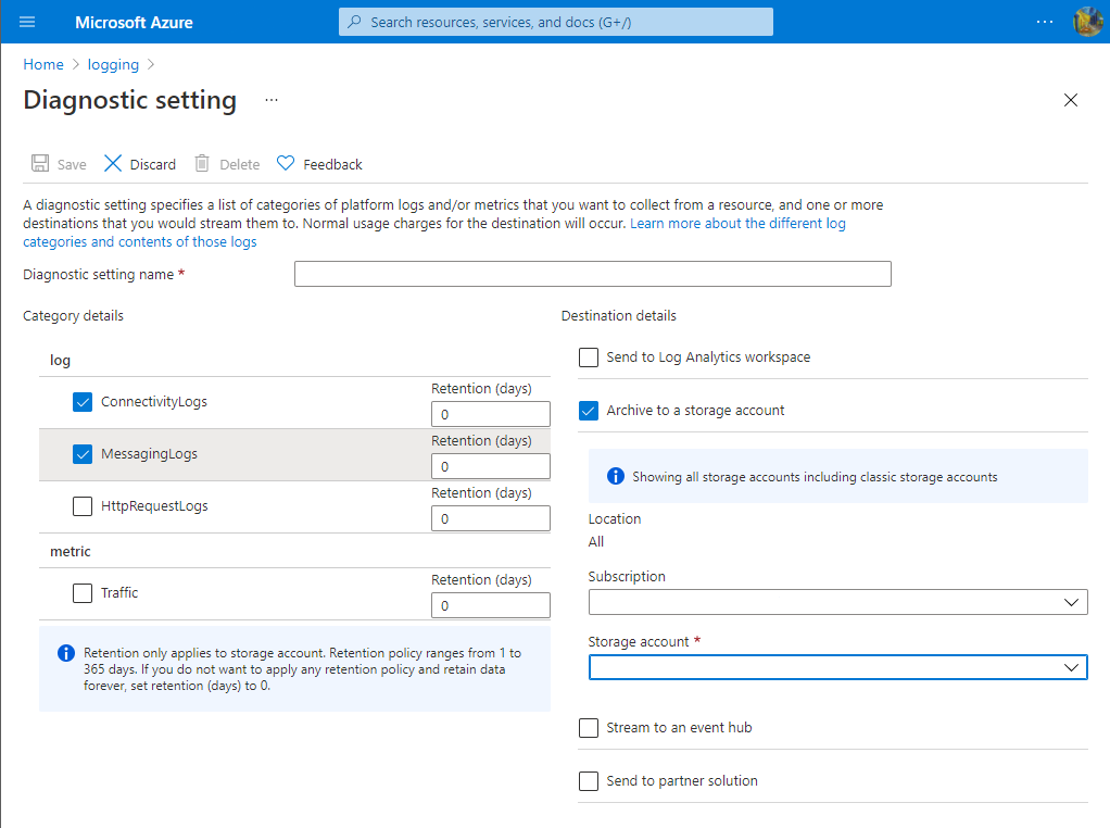 Captura de pantalla de los detalles de la configuración de diagnóstico