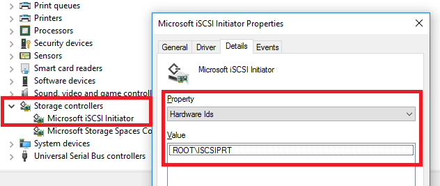 Captura de pantalla del Administrador de dispositivos de Azure Backup con la opción Controladores de almacenamiento resaltada