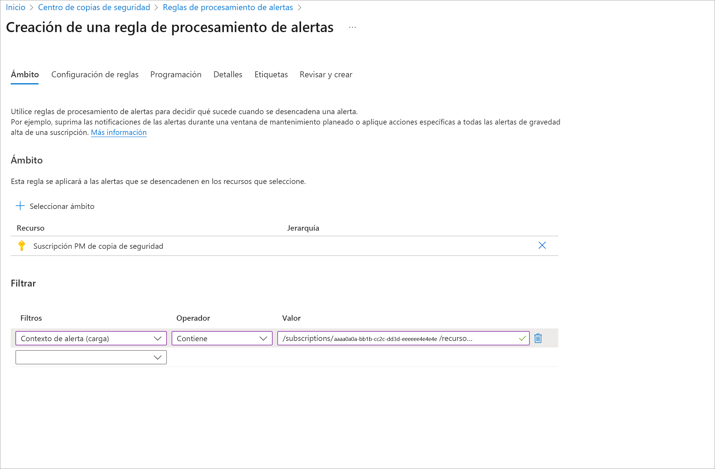 Captura de pantalla que muestra el ámbito especificado de la regla de procesamiento de alertas.