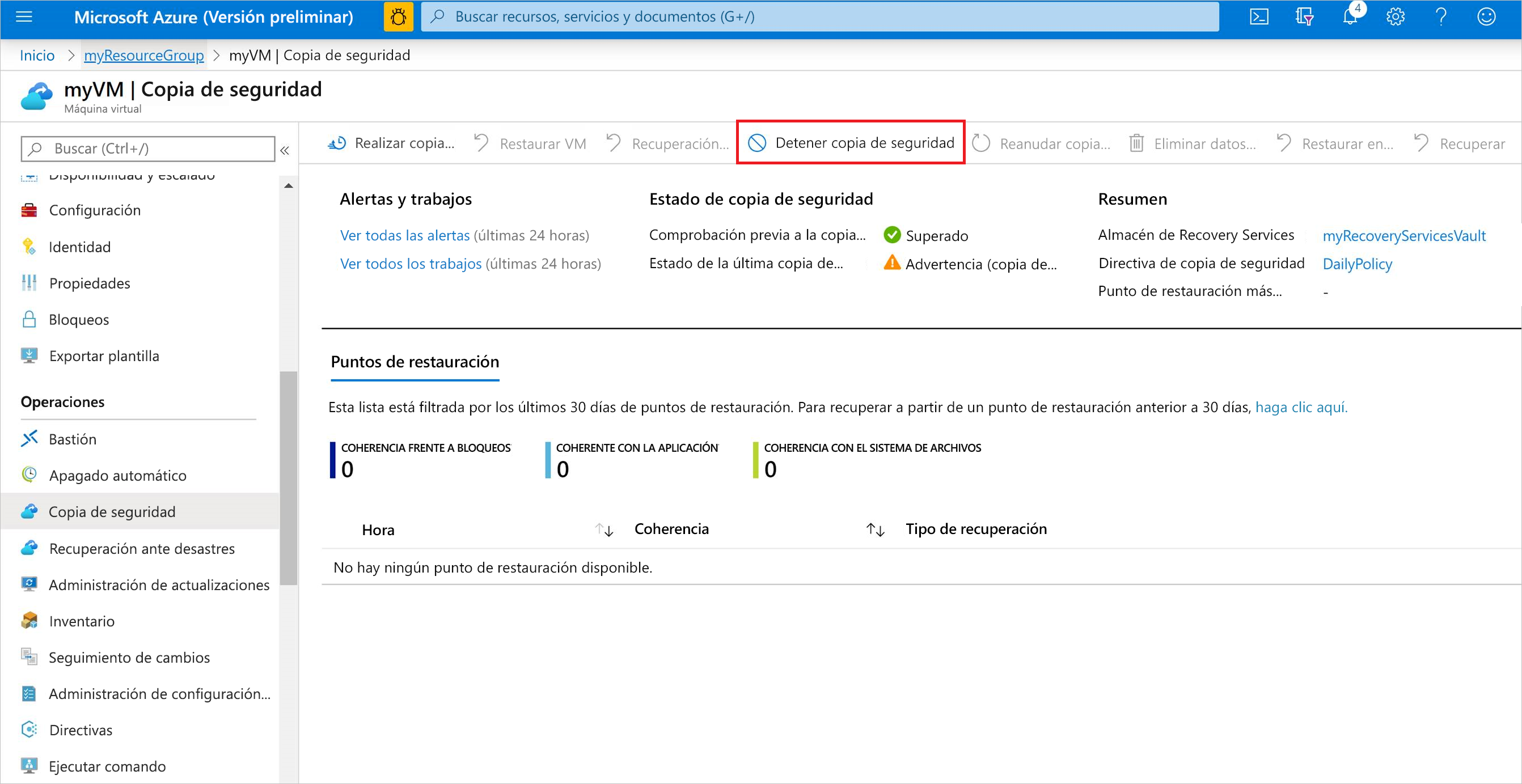 Captura de pantalla que muestra cómo detener la copia de seguridad de la máquina virtual desde el Azure Portal.