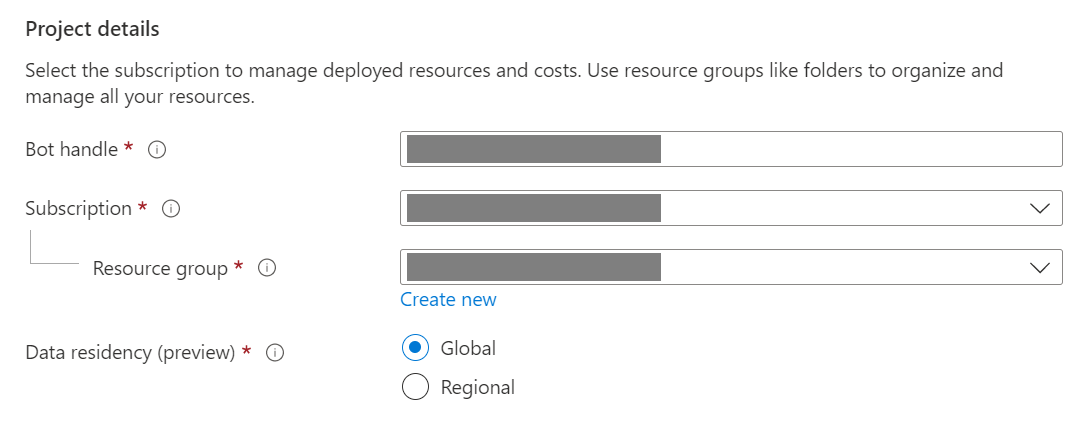 Configuración de detalles del proyecto para un recurso de Azure Bot