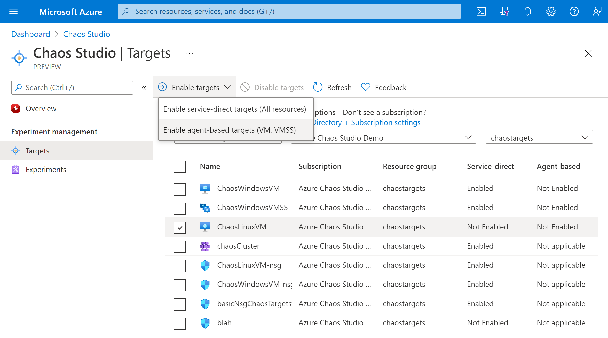 Captura de pantalla que muestra la habilitación de destinos en Azure Portal.