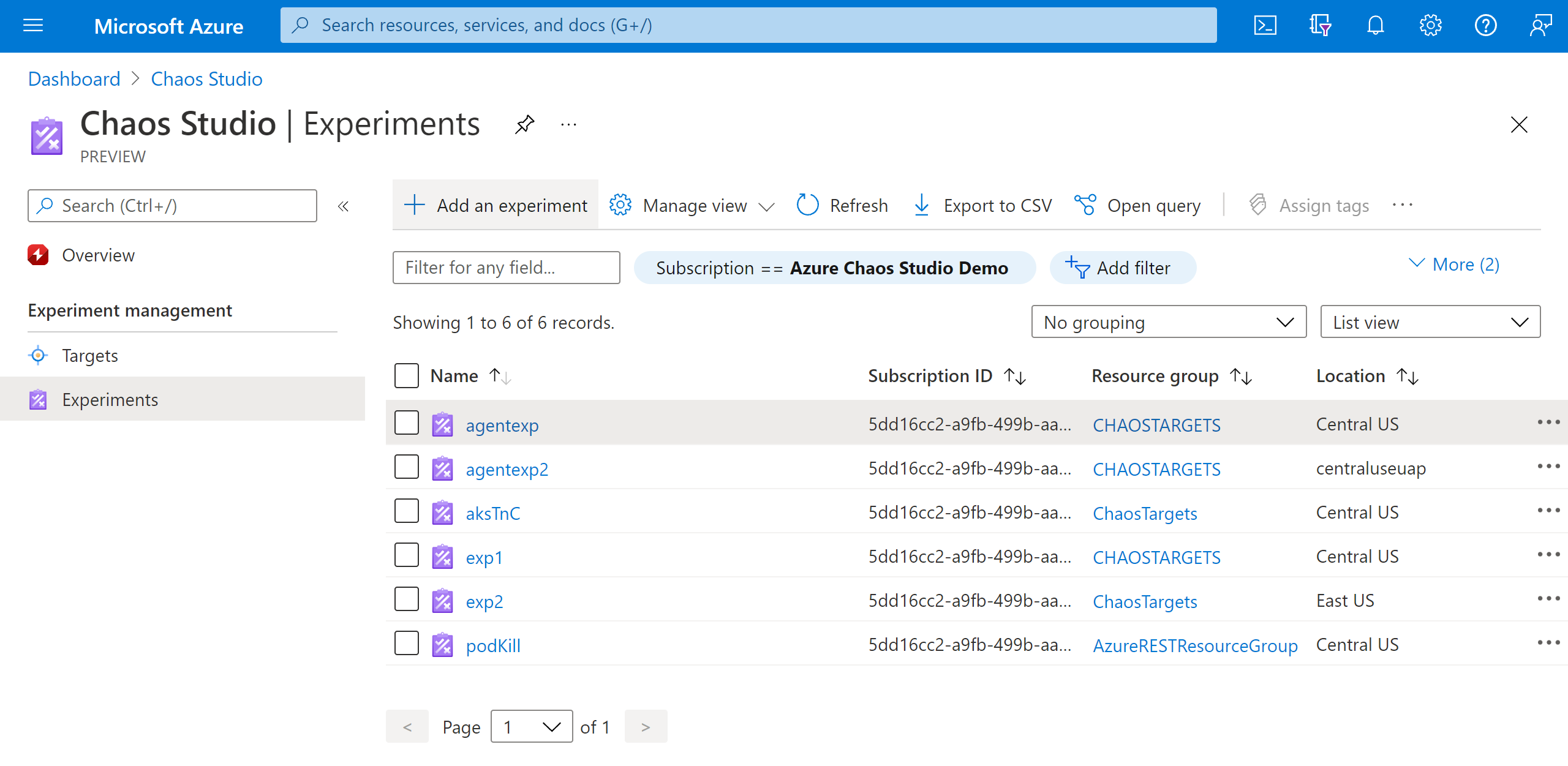 Captura de pantalla que muestra la vista Experimentos en Azure Portal.