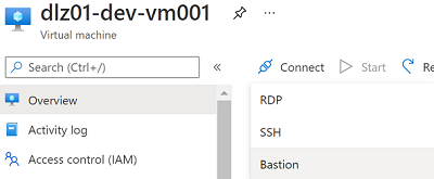 Captura de pantalla del panel Información general para conectarse a una máquina virtual mediante Azure Bastion.