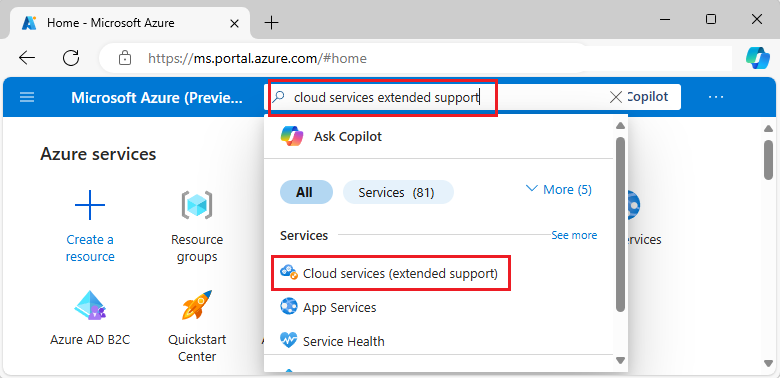 Recorte de pantalla que muestra una búsqueda de Cloud Services (soporte extendido) en Azure Portal y la selección del resultado.