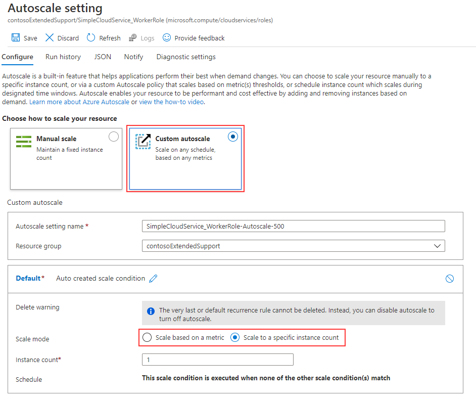 La imagen muestra cómo configurar la escalabilidad automática personalizada en Azure Portal