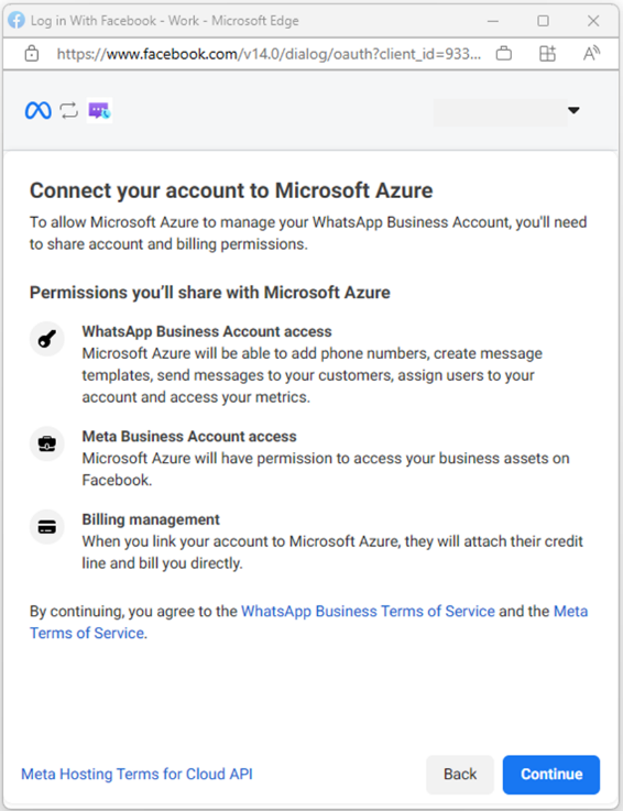 Captura de pantalla que muestra los permisos de Azure para la cuenta de WhatsApp Business.