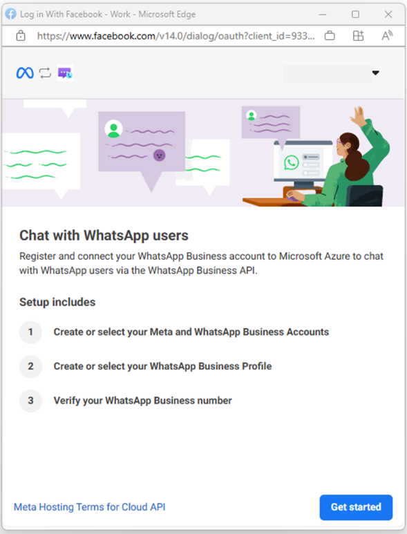 Captura de pantalla que muestra Introducción al registro de la cuenta de WhatsApp Business con Azure.