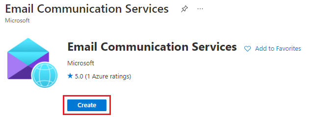 Captura de pantalla que muestra el vínculo Crear para crear una instancia de Email Communication Service.