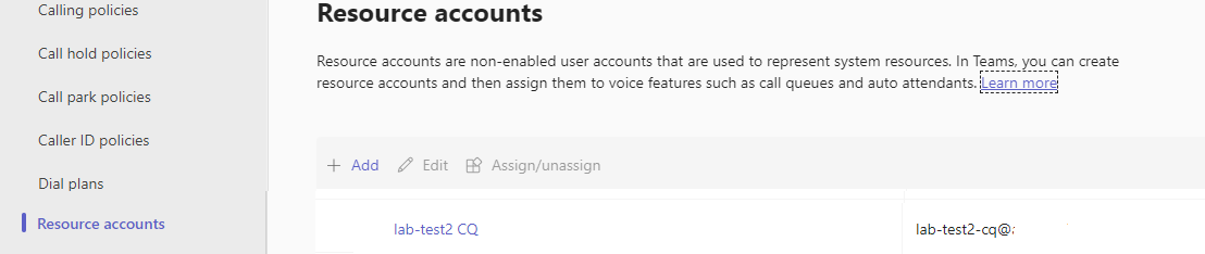 Captura de pantalla de las cuentas de recursos en el portal de administración de Teams.