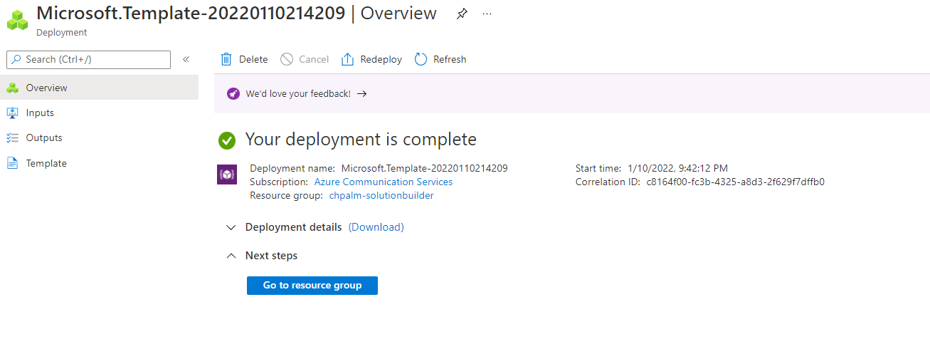 Captura de pantalla de la plantilla completada de Azure Resource Manager.