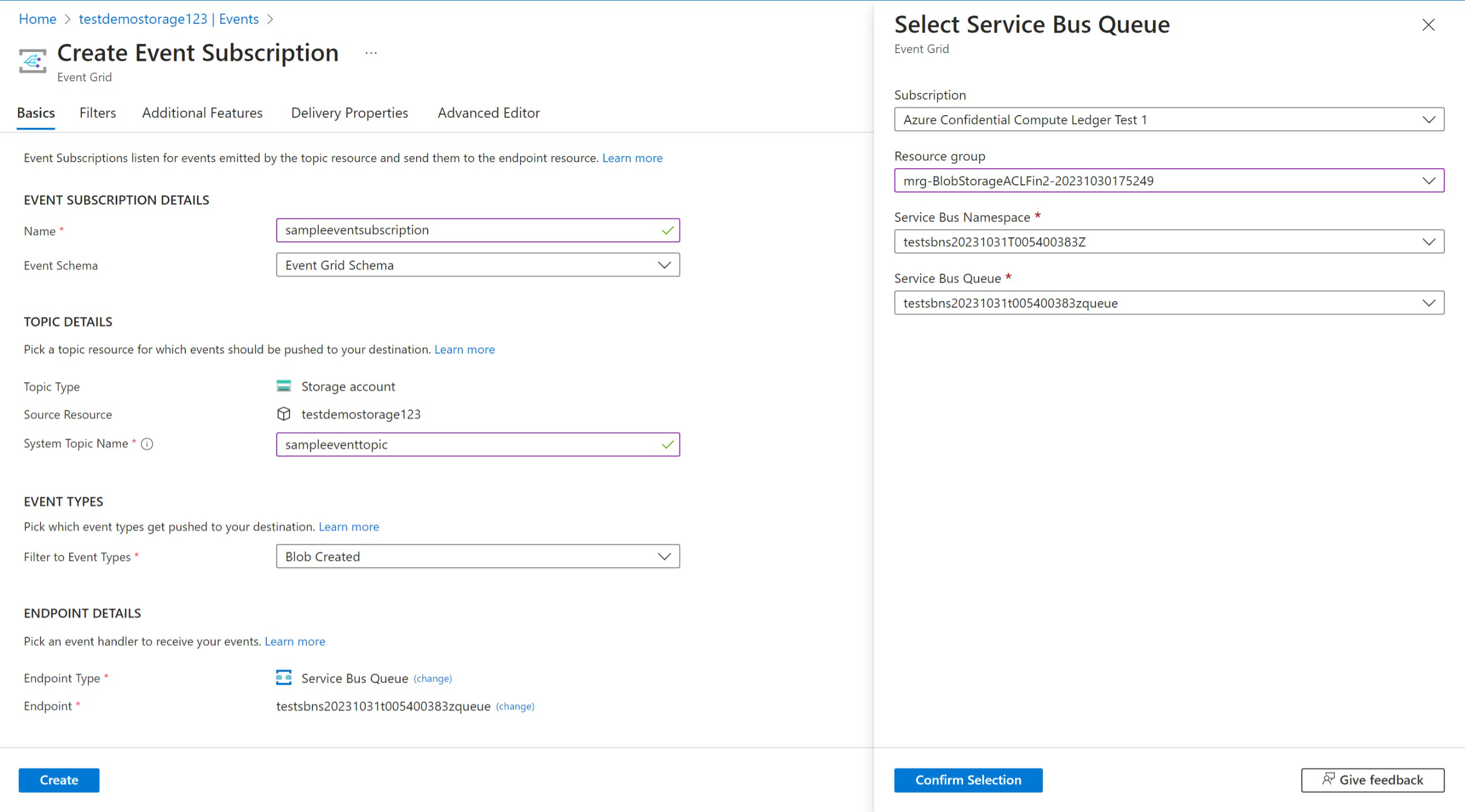 Captura de pantalla de Azure Portal en un explorador web que muestra cómo configurar una suscripción de eventos de almacenamiento.