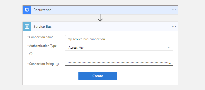 Captura de pantalla del flujo de trabajo de consumo, la acción de Service Bus y la información de conexión de ejemplo.