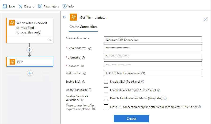 Captura de pantalla que muestra el diseñador de un flujo de trabajo estándar, la acción del conector administrado por FTP y el perfil de conexión.