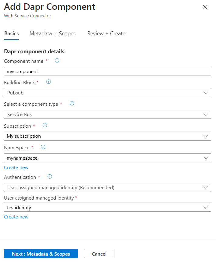 Screenshot of the Azure platform showing the Basics tab of adding a Dapr Pub/sub component.