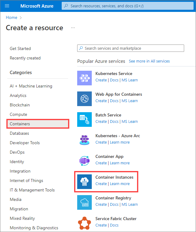 Captura de pantalla que muestra cómo seleccionar una instancia de contenedor que quiere crear en Azure Portal