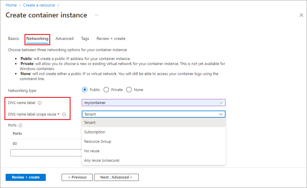 Configuración de red para una instancia de contenedor nueva en Azure Portal