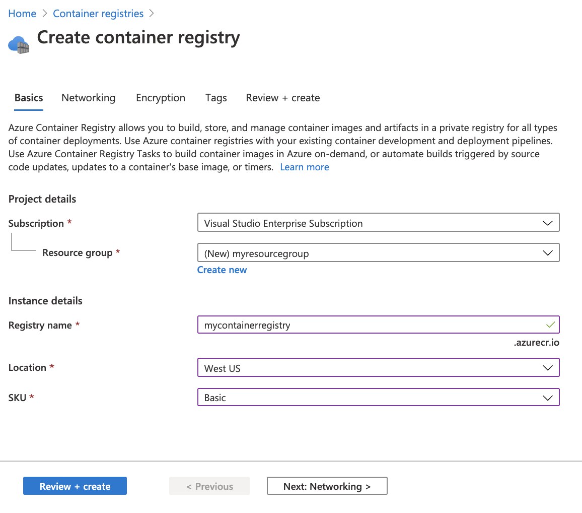 Creación de un registro de contenedor en el portal