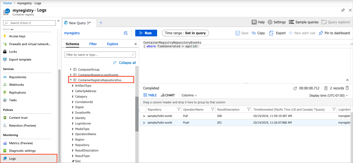 Captura de pantalla que muestra la consulta de datos de registro en Azure Portal.