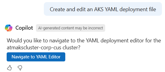 Captura de pantalla de una solicitud de ayuda para generar un archivo YAML de AKS en Microsoft Copilot en Azure.