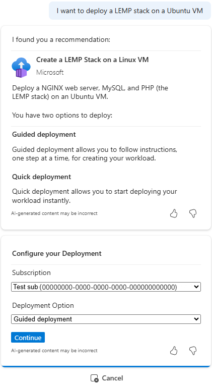 Captura de pantalla que muestra Copilot en Azure que presenta opciones de implementación para una pila LEMP en Ubuntu.