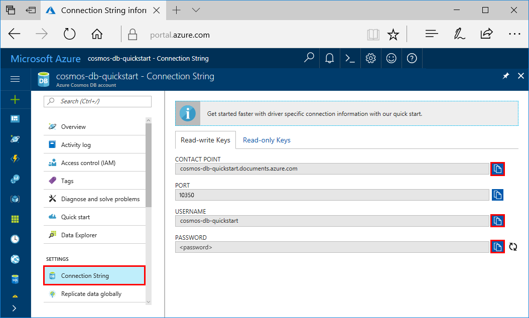 Visualizar y copiar una clave de acceso en Azure Portal, página Cadena de conexión