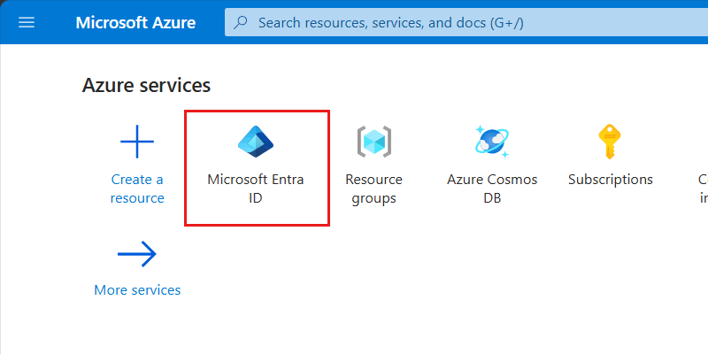 Captura de pantalla de la opción Microsoft Entra ID en la página de inicio de Azure Portal.