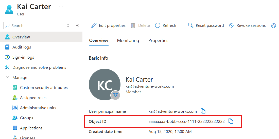 Captura de pantalla del panel de detalles de un usuario específico en un inquilino de Microsoft Entra ID con su 