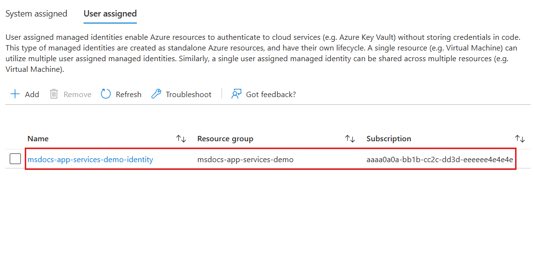 Captura de pantalla de la lista de identidades administradas asignadas por el usuario asociadas a la aplicación web actual.