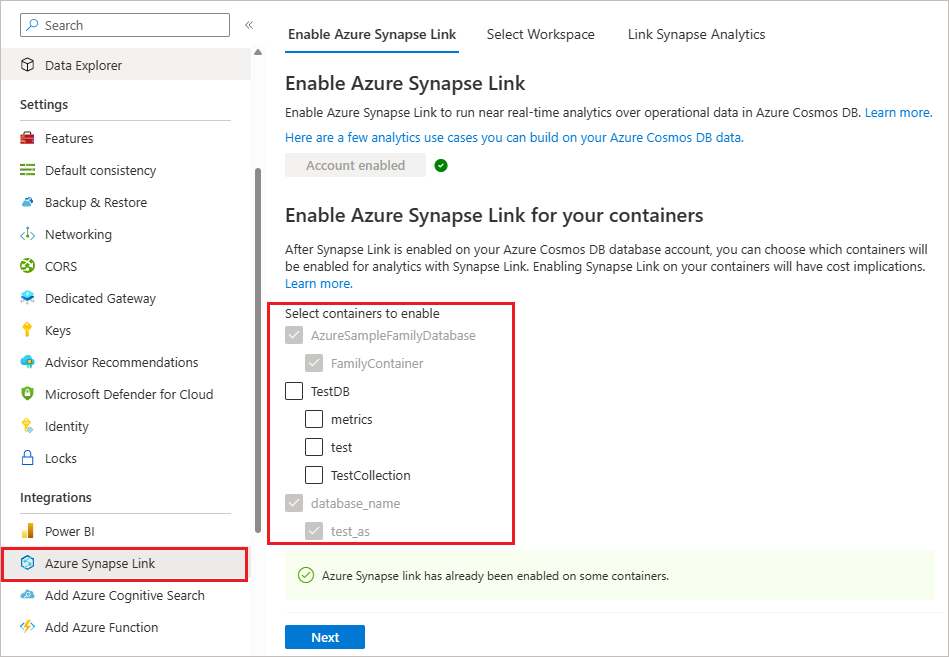 Captura de pantalla que muestra cómo activar el almacén analítico para un contenedor existente de Azure Cosmos DB.