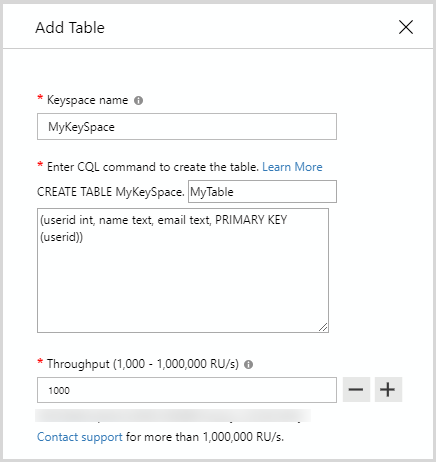 Captura de pantalla del cuadro de diálogo Agregar tabla de API para Cassandra