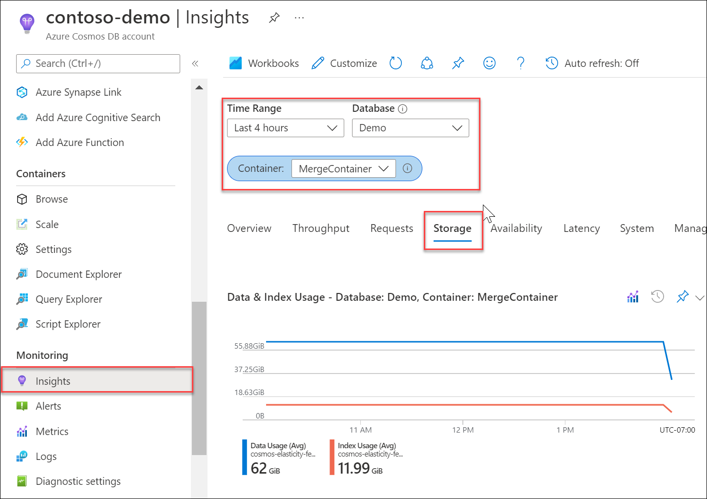 Captura de pantalla de la métrica Almacenamiento (datos e índice) de Azure Monitor para el contenedor en Azure Portal.