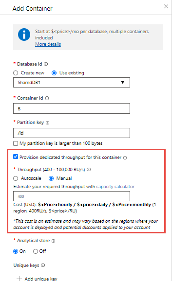 Configuración del rendimiento en el nivel de contenedor