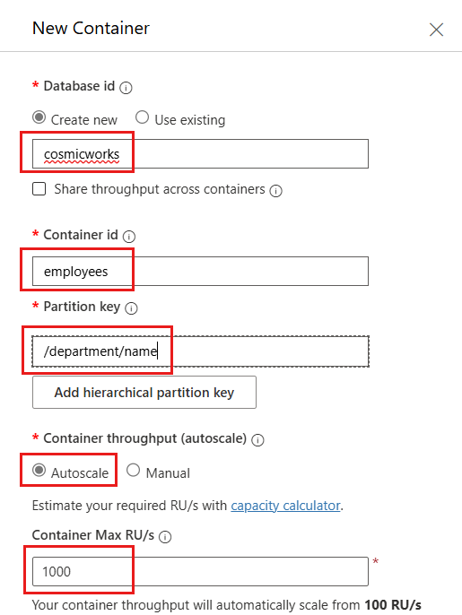 Captura de pantalla del cuadro de diálogo para crear una nueva base de datos y un contenedor con las opciones especificadas rellenadas.