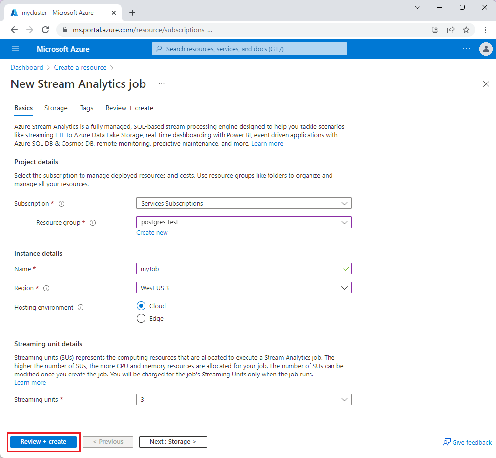 Captura de pantalla que muestra el formulario Crear trabajo de Stream Analytics.