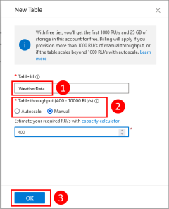 Captura de pantalla que muestra cómo usar el cuadro de diálogo Nueva tabla para una tabla de Azure Cosmos DB.