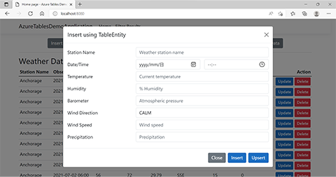 Captura de pantalla de la aplicación que muestra el cuadro de diálogo utilizado para insertar datos mediante un objeto TableEntity.