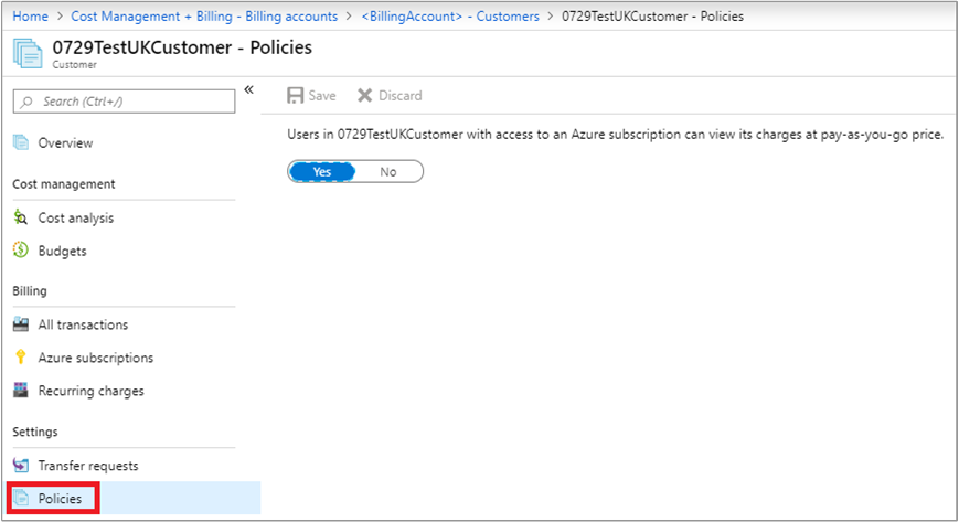 Captura de pantalla que muestra la directiva para permitir que los clientes vean los cargos de pago por uso.