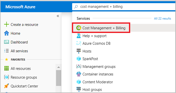 Captura de pantalla que muestra la búsqueda en Azure Portal de Cost Management + Billing.