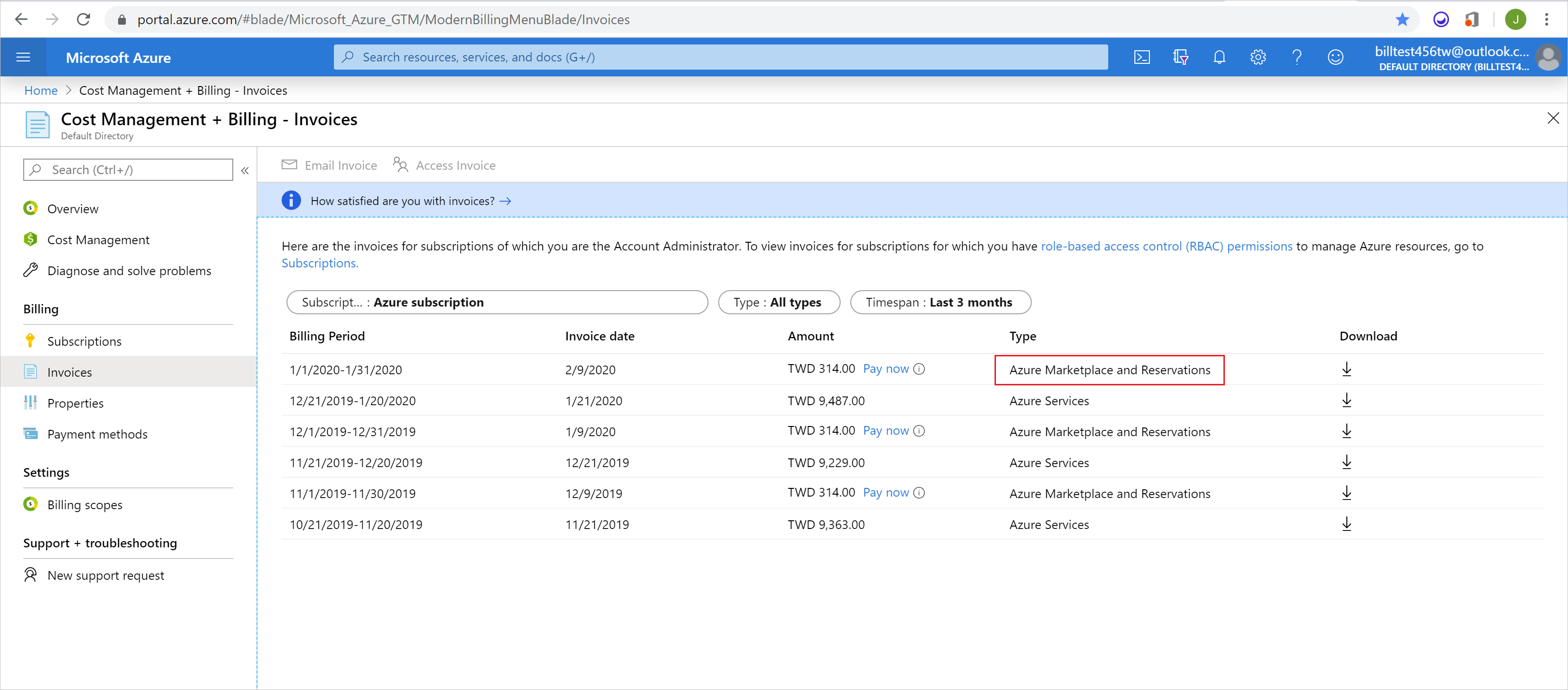 Captura de pantalla que muestra las facturas de facturación con Azure Marketplace y reservas resaltado.