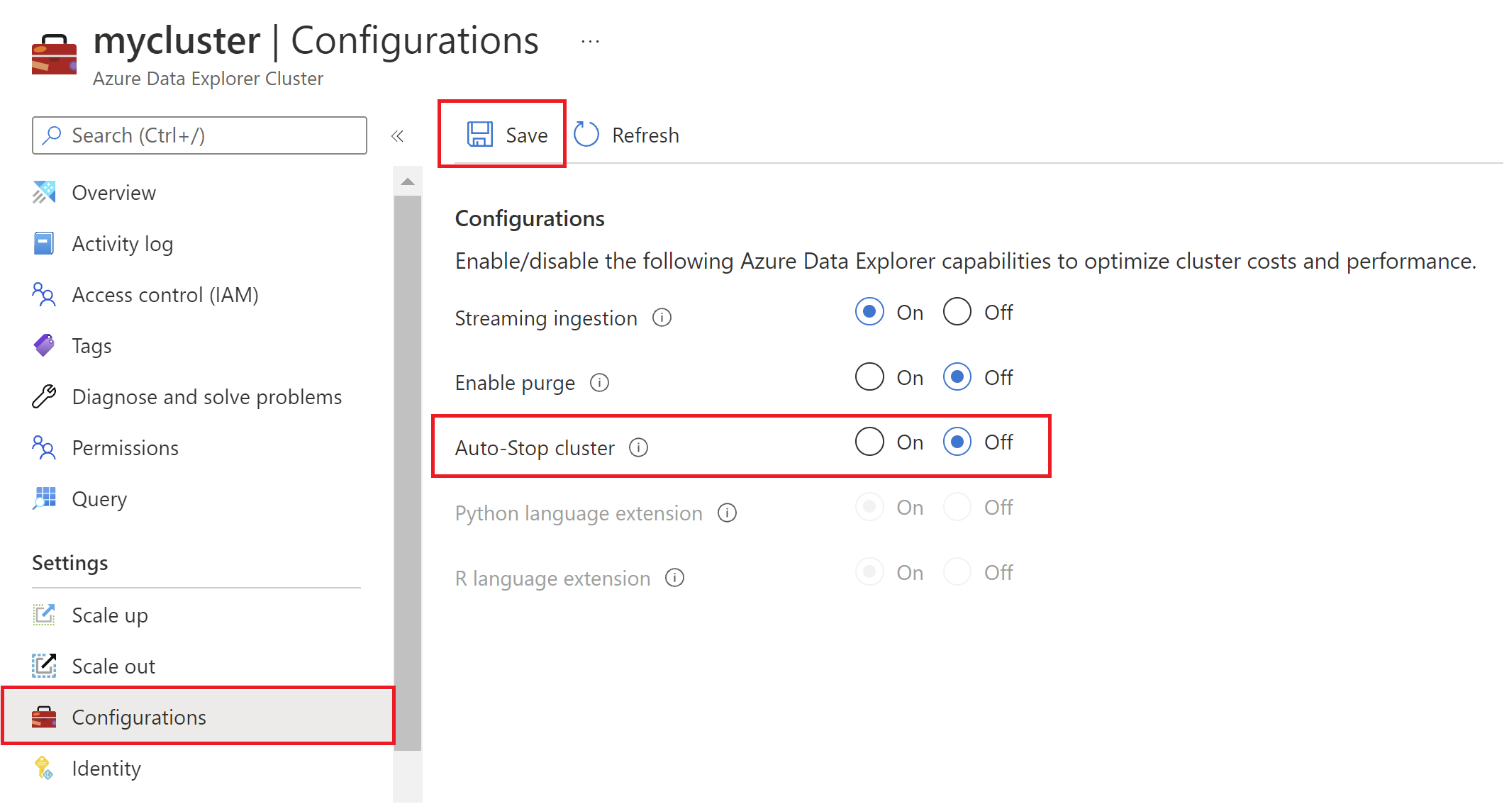 Captura de pantalla de la configuración de detención automática en Azure Portal.