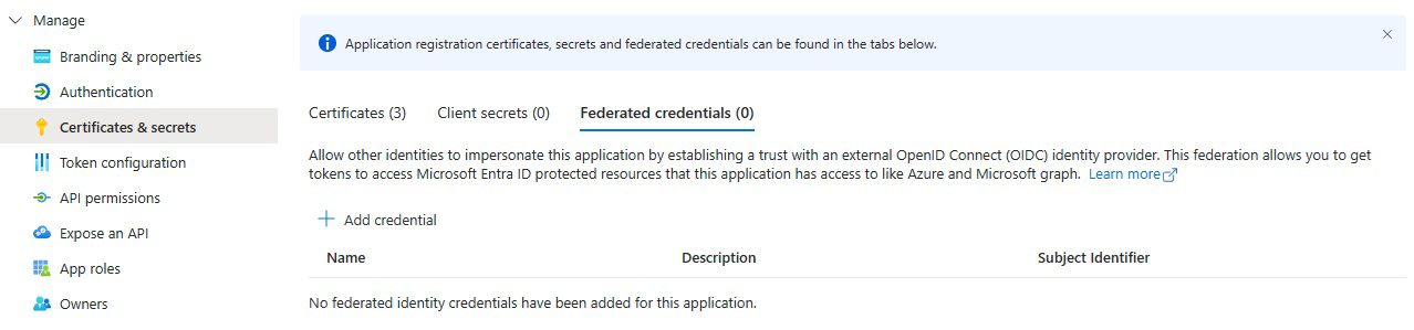 Recorte de pantalla que muestra la pestaña credenciales federadas de la aplicación Microsoft Entra.