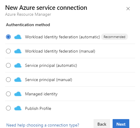 Recorte de pantalla que muestra la opción de autenticación para una conexión de servicio de Azure Resource Monitor