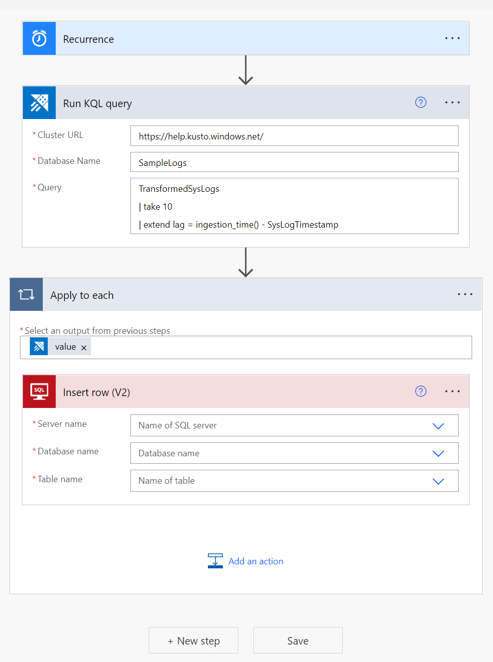 Captura de pantalla del conector de SQL en la que se muestran las consultas de datos mediante el Power Automate conector.