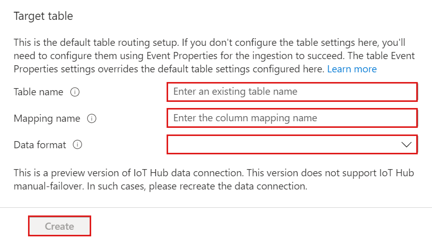 Captura de pantalla de la interfaz de usuario web de Azure Data Explorer, que muestra la configuración de enrutamiento predeterminada en el formulario Tabla de destino.